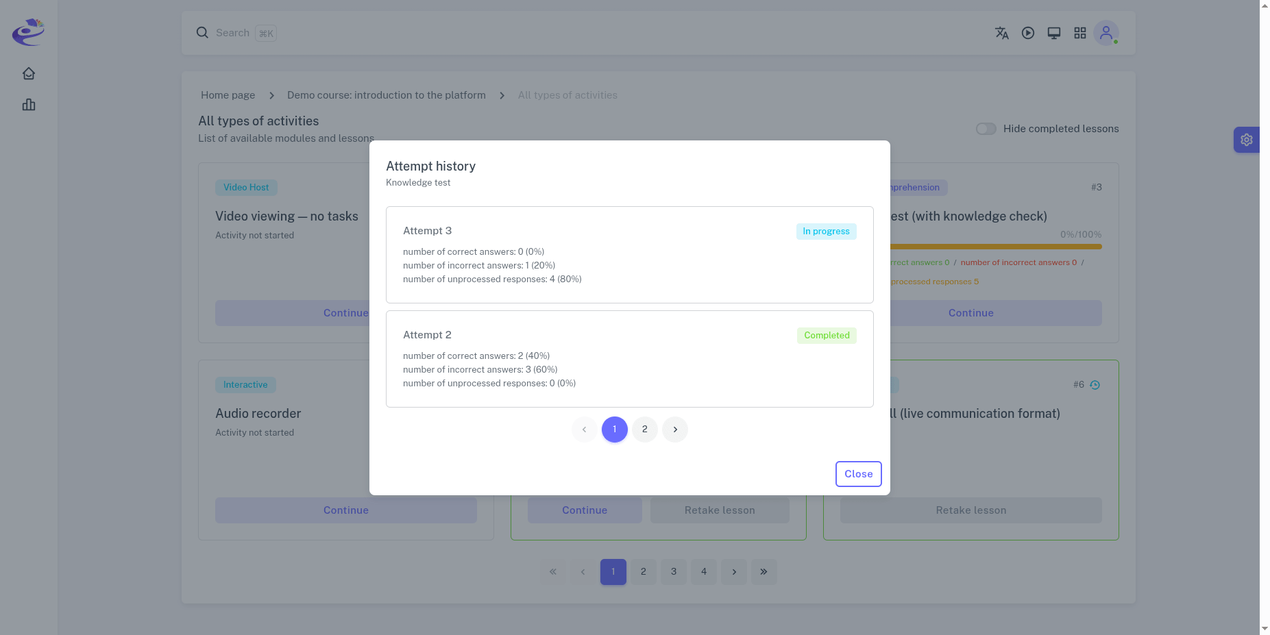 Screenshot: attempt history