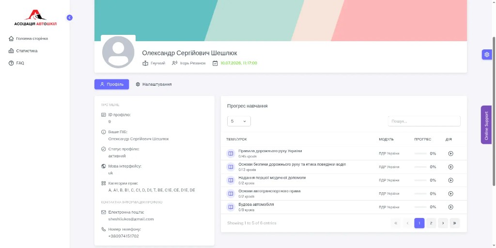 Asotsiatsiia Avtoshkil dashboard: profile and learning progress