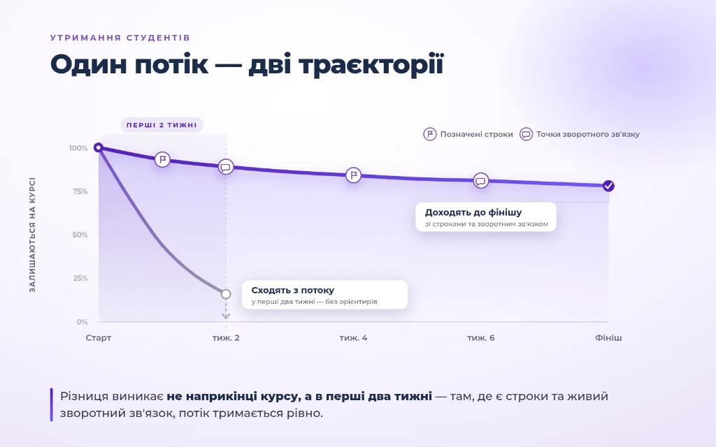 One cohort — two trajectories: completion with deadlines and feedback versus drop-off in the first two weeks