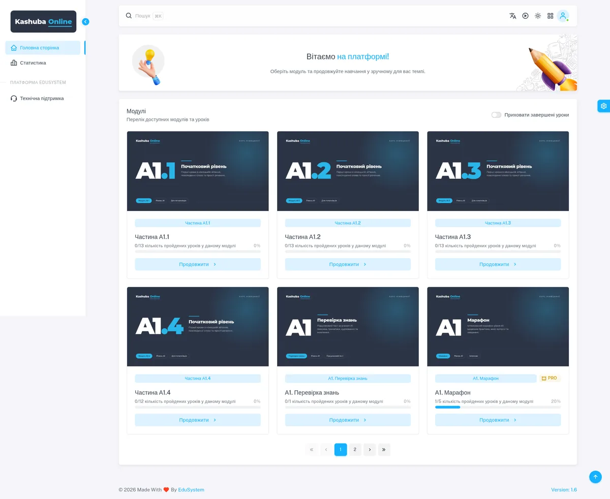 Kashuba Online student dashboard in EduSystem: German course organised by level and study month