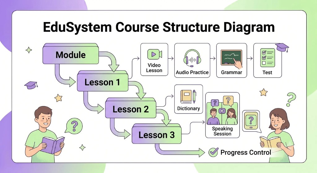 EduSystem course structure diagram — module, lesson, activities