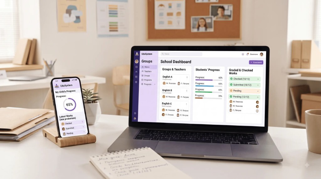 A private school's learning platform showing group schedules, student progress through the programme, and submitted work in one view