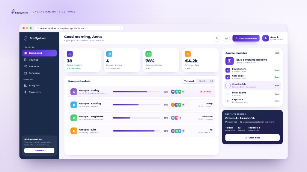 Интерфейс LMS-платформы для репетитора: расписание групп учеников, прогресс и модули курса в одном месте