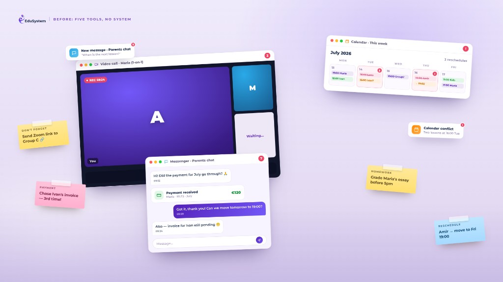 Репетитор одновременно работает в Zoom, Google Calendar и Telegram — типичная рутина частного преподавателя